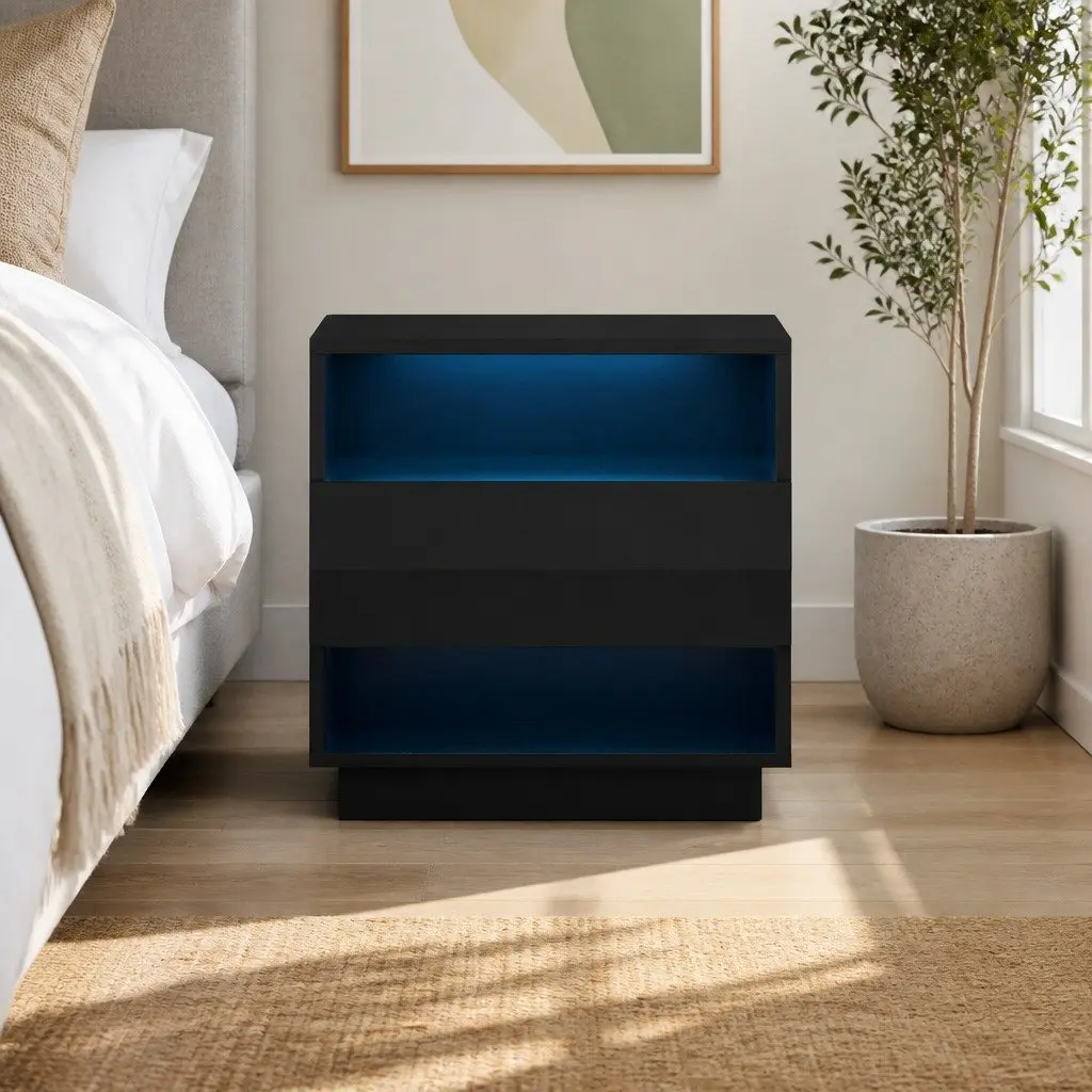Black Bedside Table with LED Lighting and Shelves