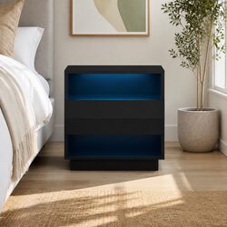 Sturdy Black Bedside Table with LED Lighting and Shelves