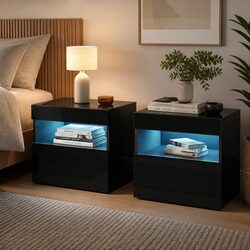 Bedside Table with LED Light Black 2x Drawer Open Shelf Modern Bedroom Storage