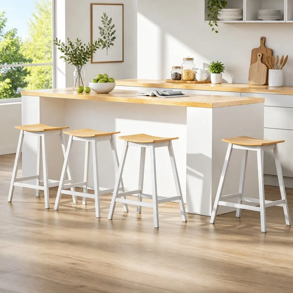 Bar Stools Wooden Pine Saddle Seat 64cm Height Set of 4 White