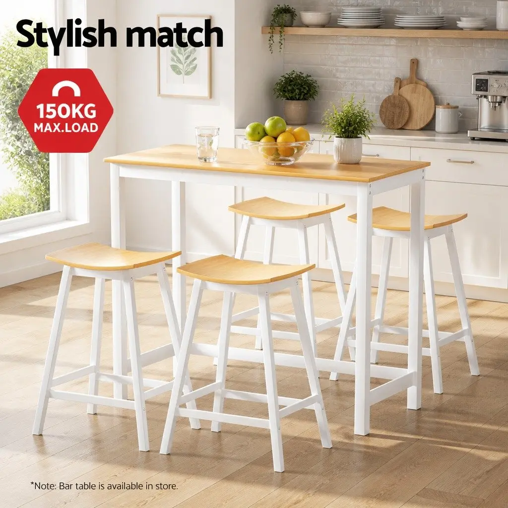 Bar Stools Wooden Pine Saddle Seat 64cm Height Set of 4 White