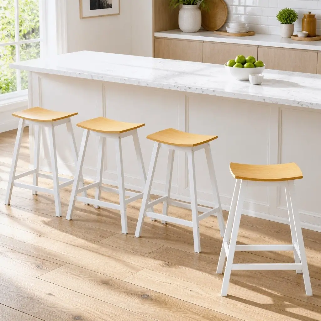 Bar Stools Wooden Pine Saddle Seat 64cm Height Set of 4 White