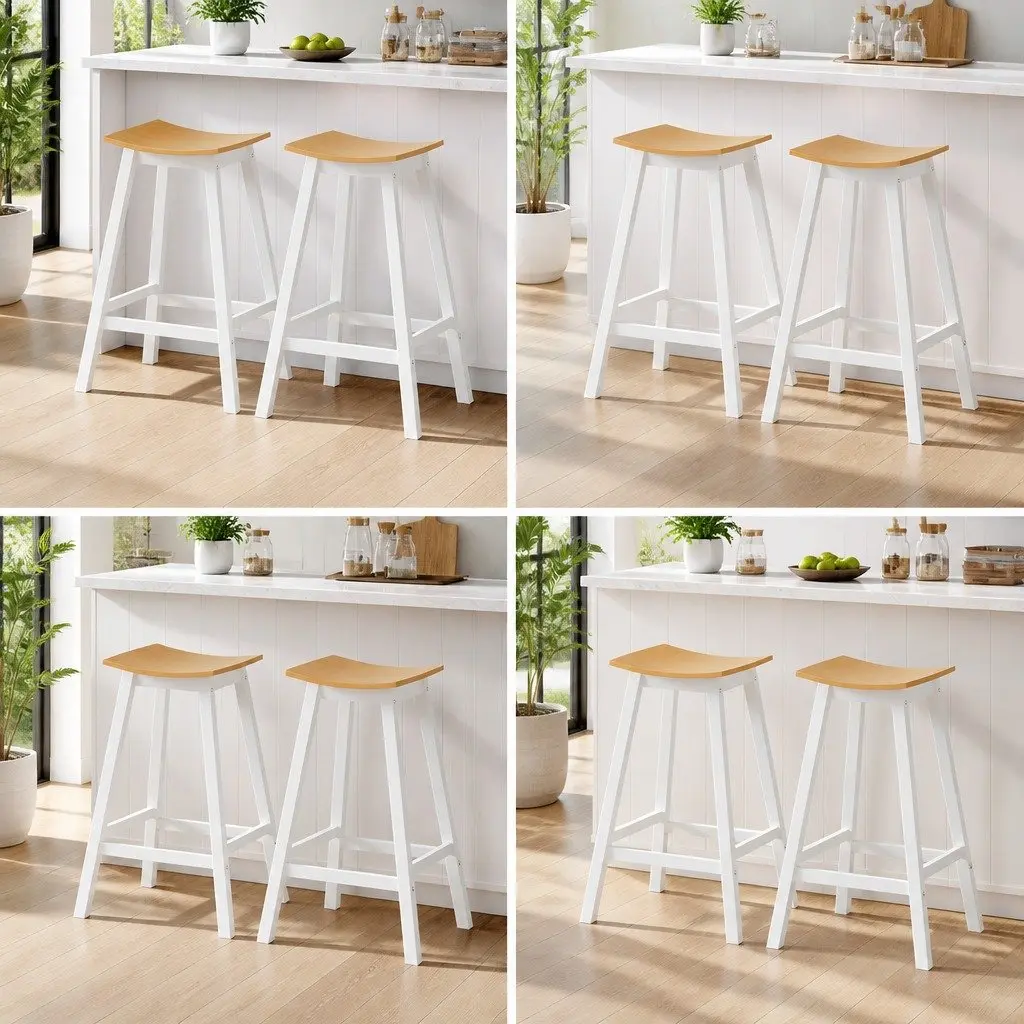 Bar Stools Wooden Pine Saddle Seat 64cm Height Set of 4 White