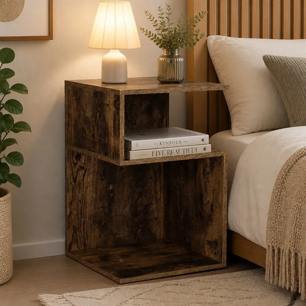 Bedside Table with Shelves Side End Table Storage Nightstand Natural Wood
