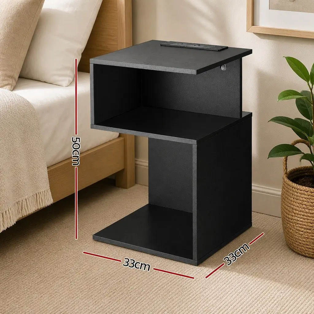 Bedside Table 2 Shelves S-Shaped Charging Station Black Bedroom Furniture