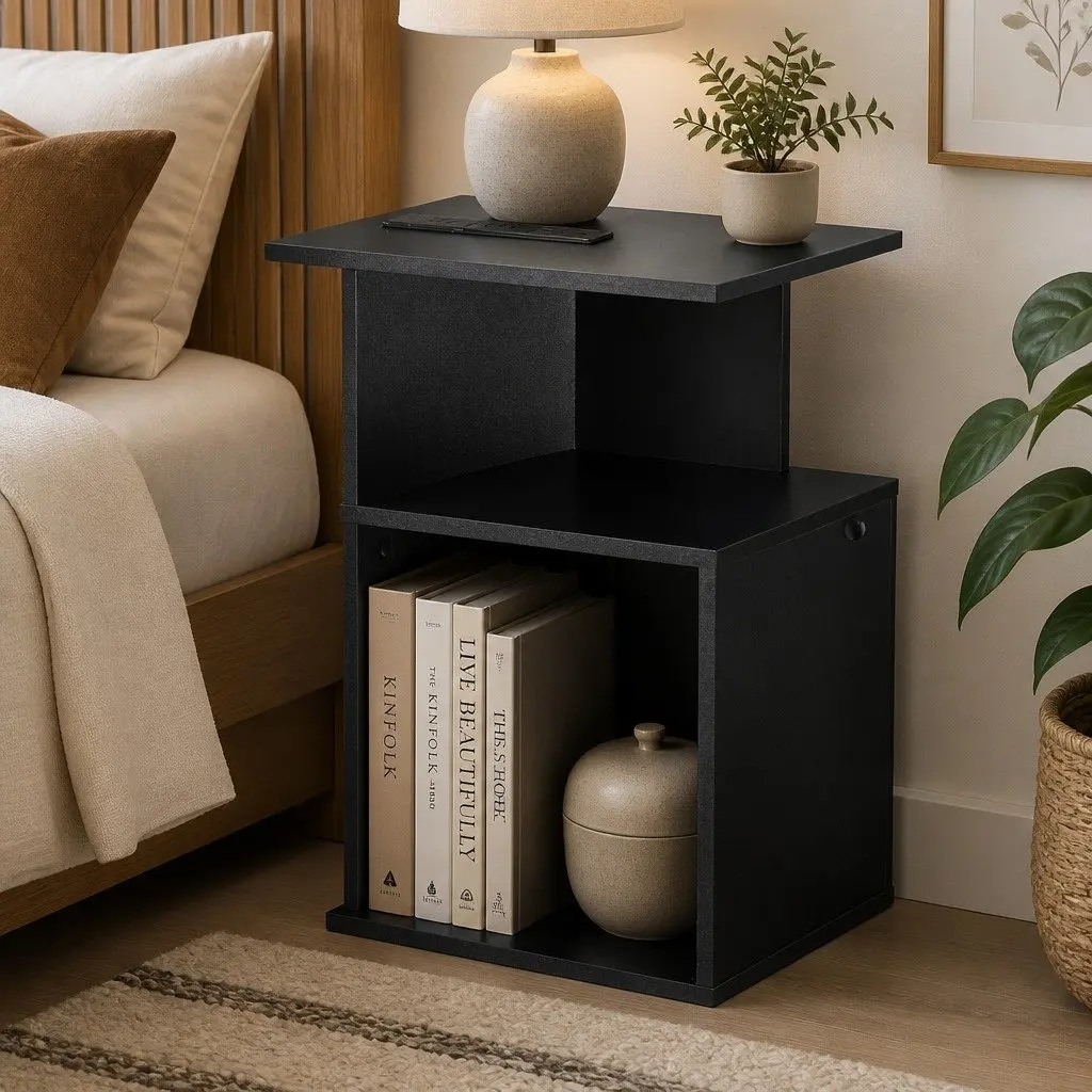 Bedside Table 2 Shelves S-Shaped Charging Station Black Bedroom Furniture