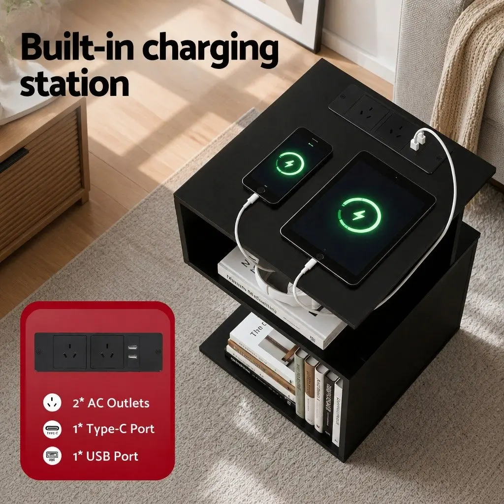 Bedside Table 2 Shelves S-Shaped Charging Station Black Bedroom Furniture