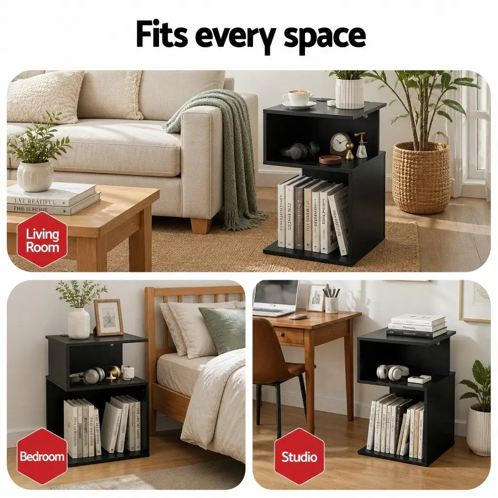 Bedside Table 2 Shelves S-Shaped Charging Station Black Bedroom Furniture
