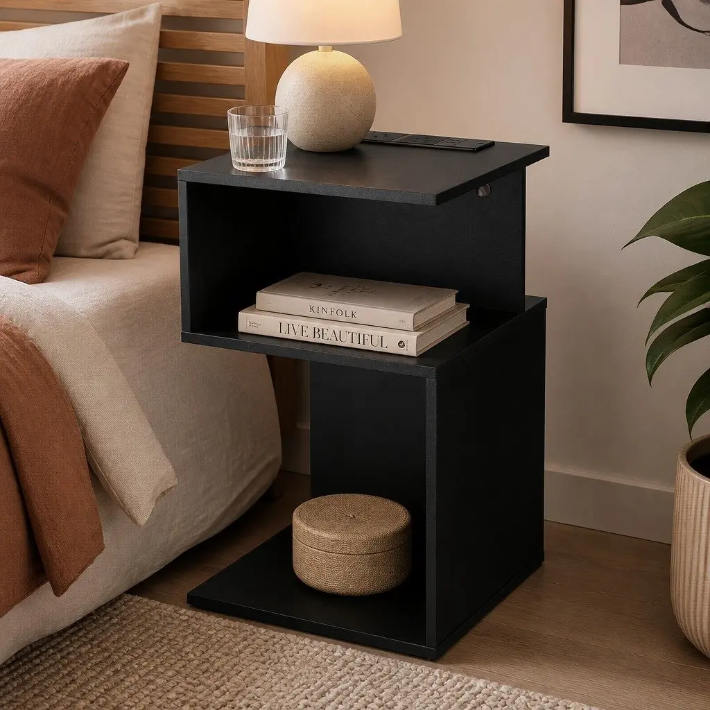 Bedside Table 2 Shelves S-Shaped Charging Station Black Bedroom Furniture