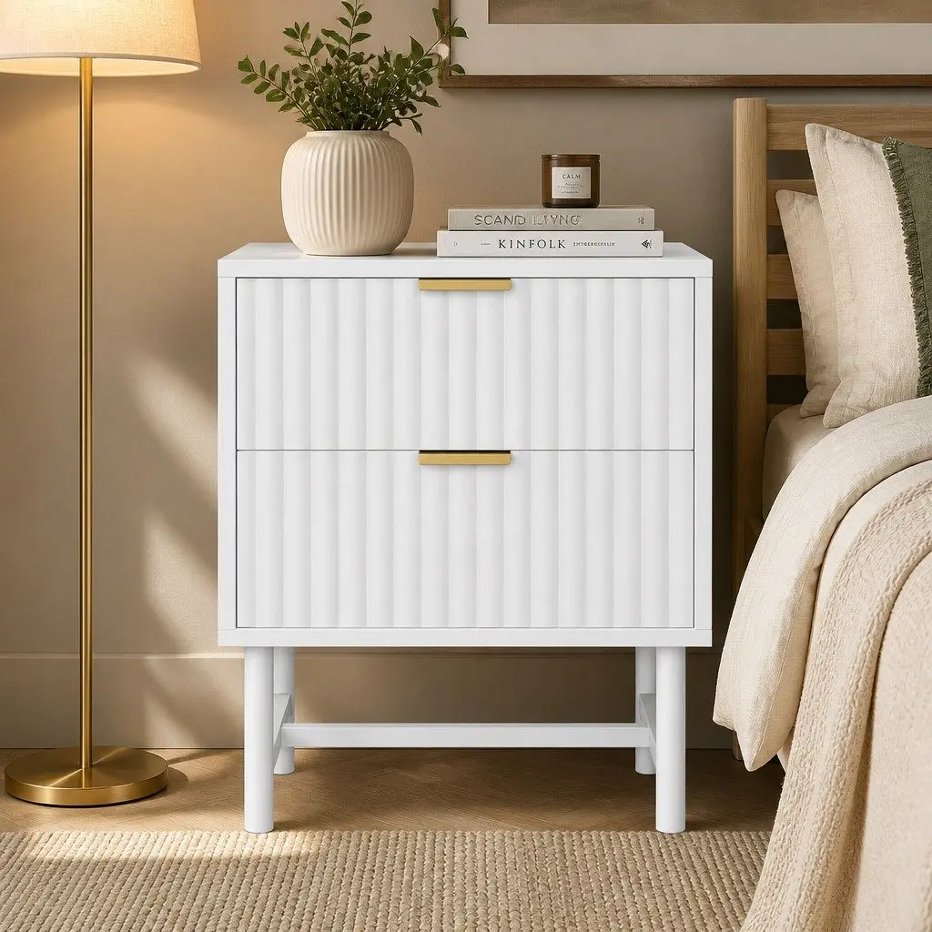 White Bedside Table with Two Drawers