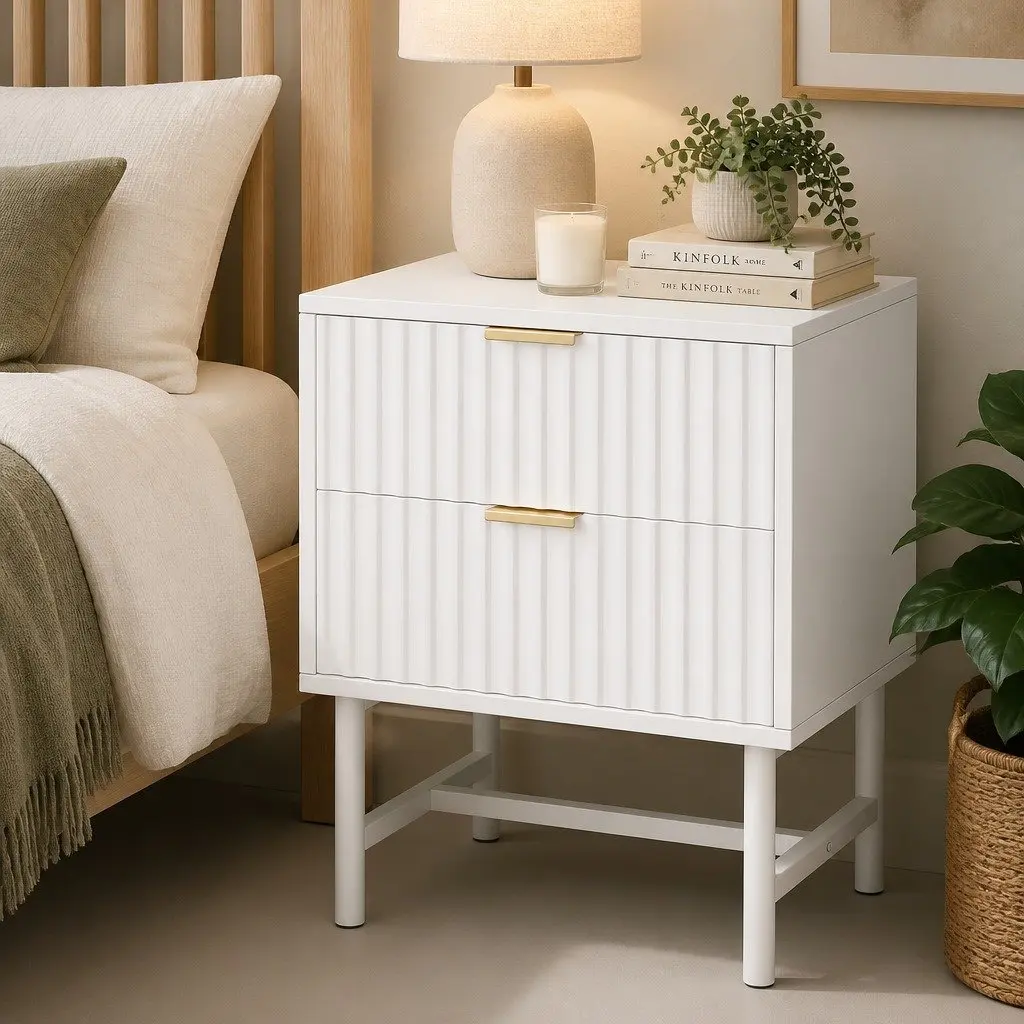 White Bedside Table with Two Drawers