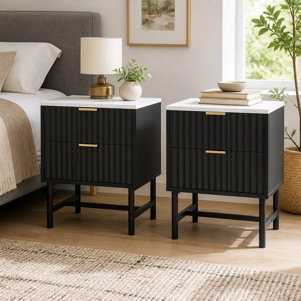 Black and White Bedside Table with Two Drawers