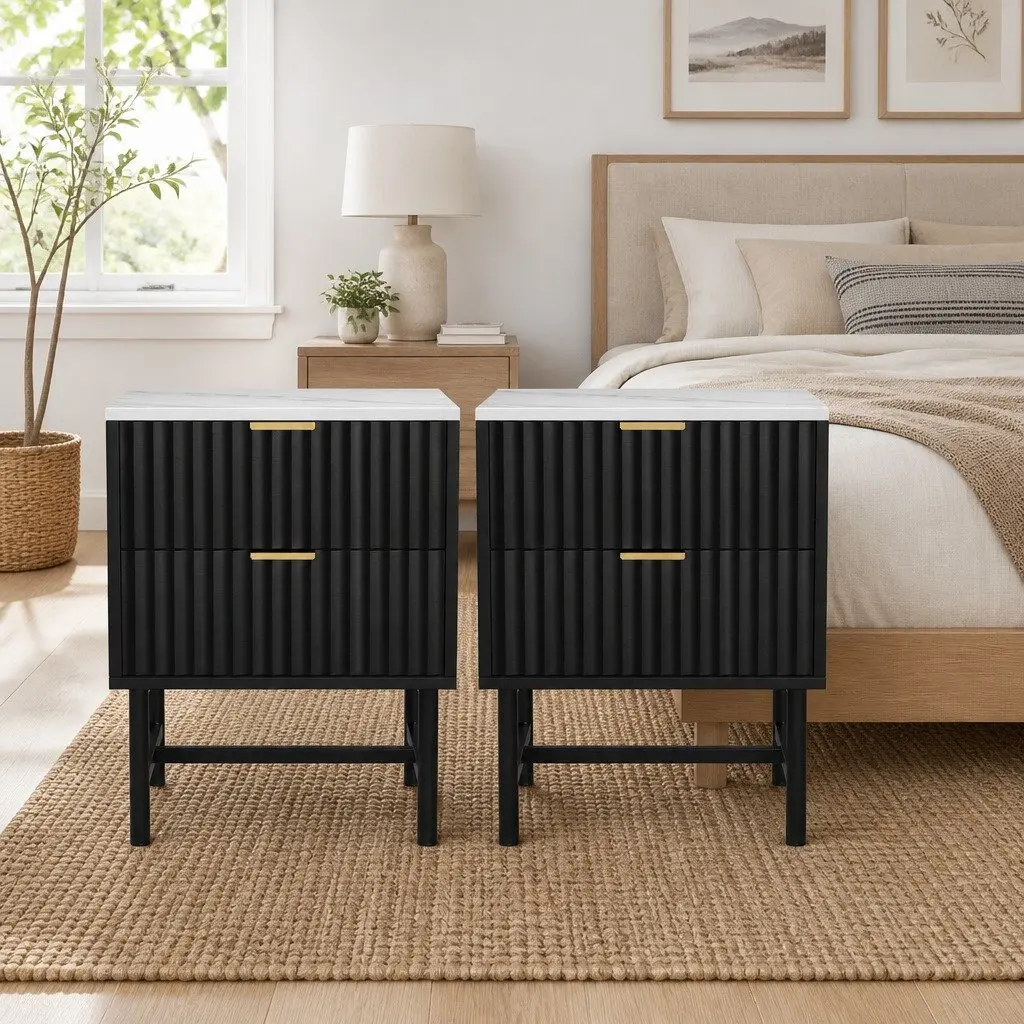 Black and White Bedside Table with Two Drawers
