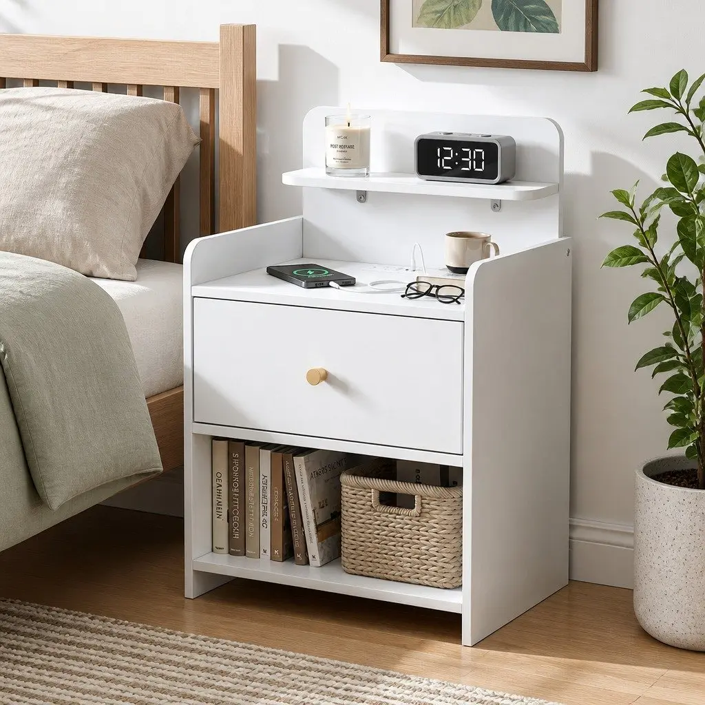 White Bedside Table with Charging Station