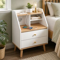 Bedside Table with Charging Station 2 Drawers White Pine Wood Open Shelves