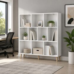 Durable 3-Tier Bookshelf with 10 Cube Storage - White