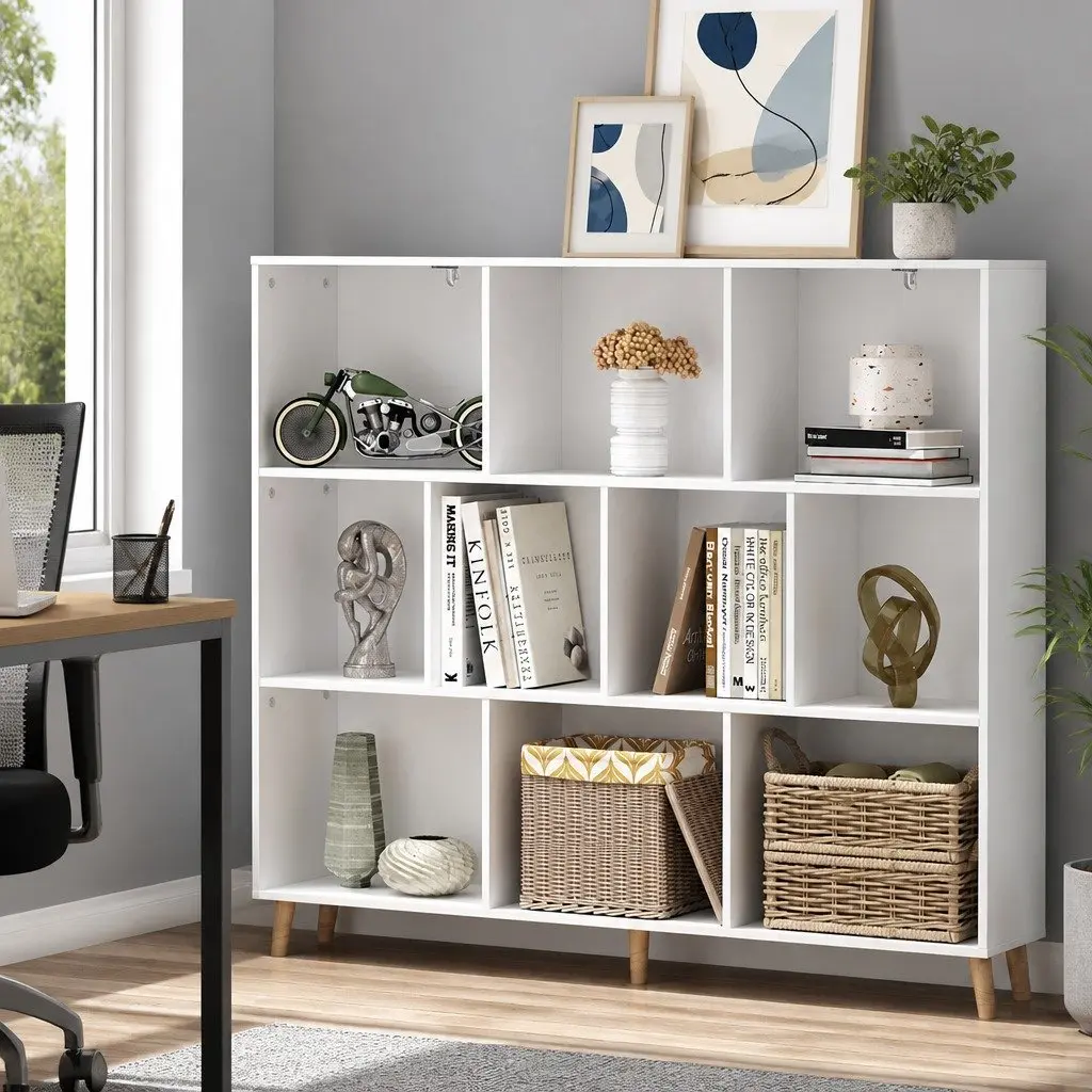 Bookshelf 3 Tiers 10 Cubes Storage Display Shelving Unit White Pine Wood Legs