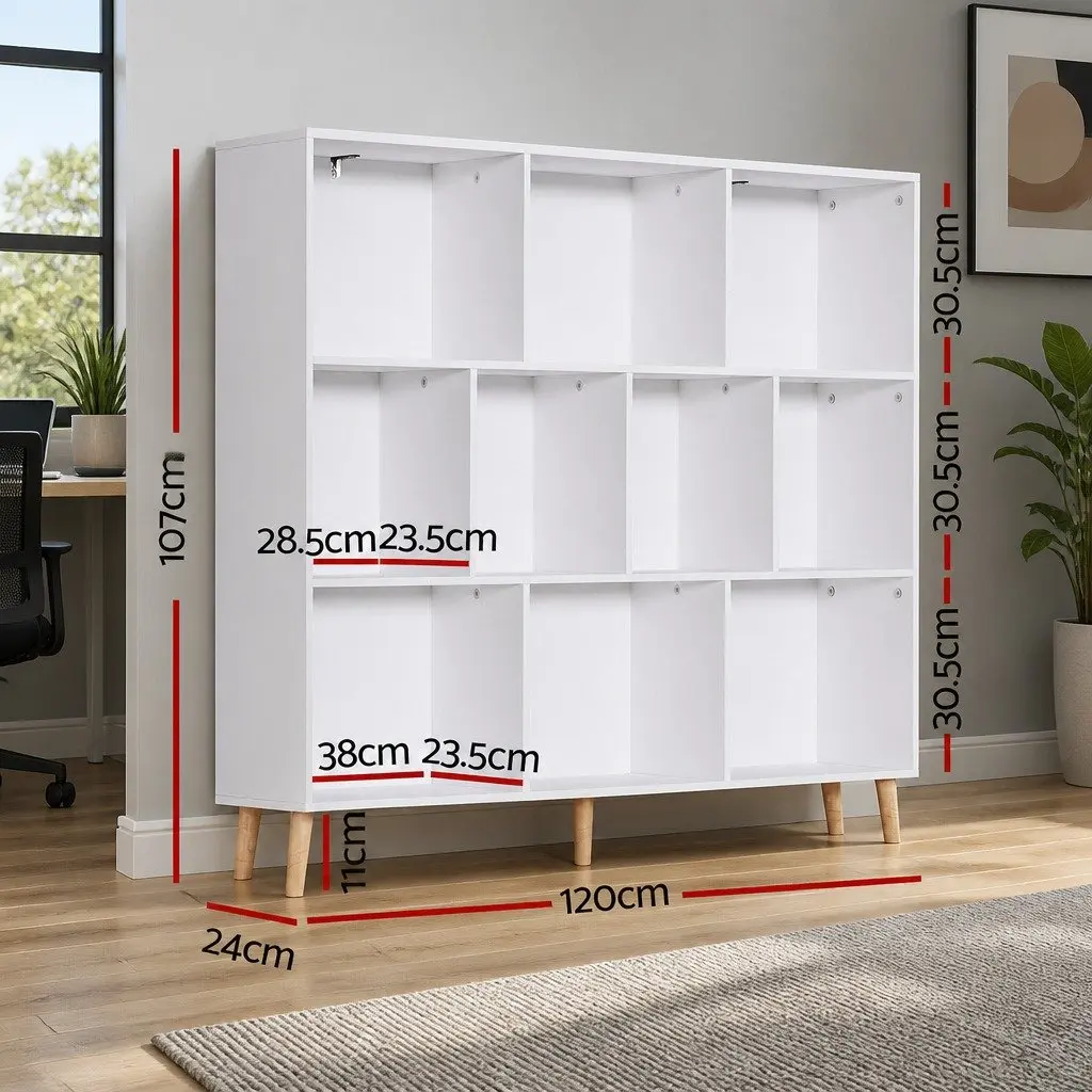 Bookshelf 3 Tiers 10 Cubes Storage Display Shelving Unit White Pine Wood Legs