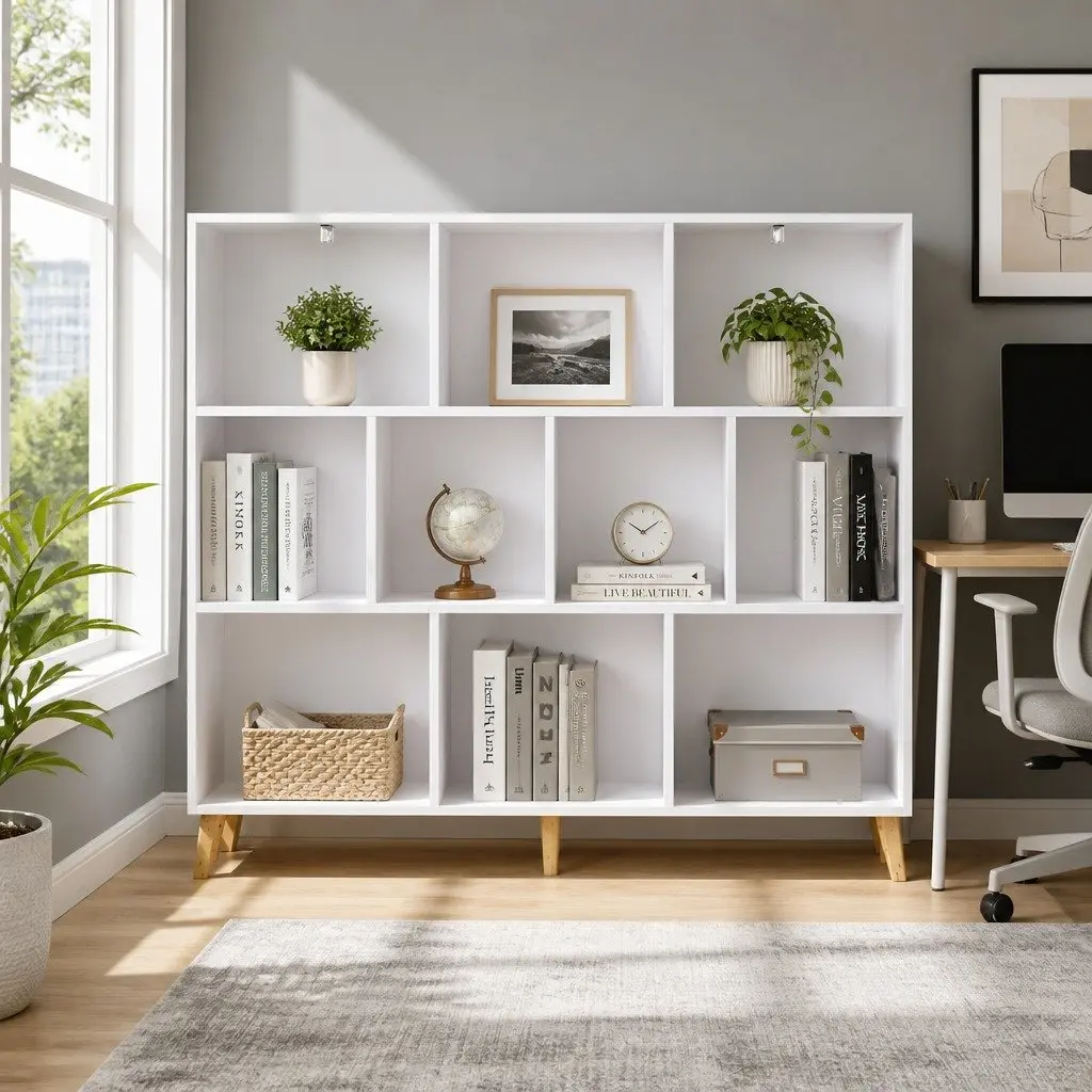 Bookshelf 3 Tiers 10 Cubes Storage Display Shelving Unit White Pine Wood Legs