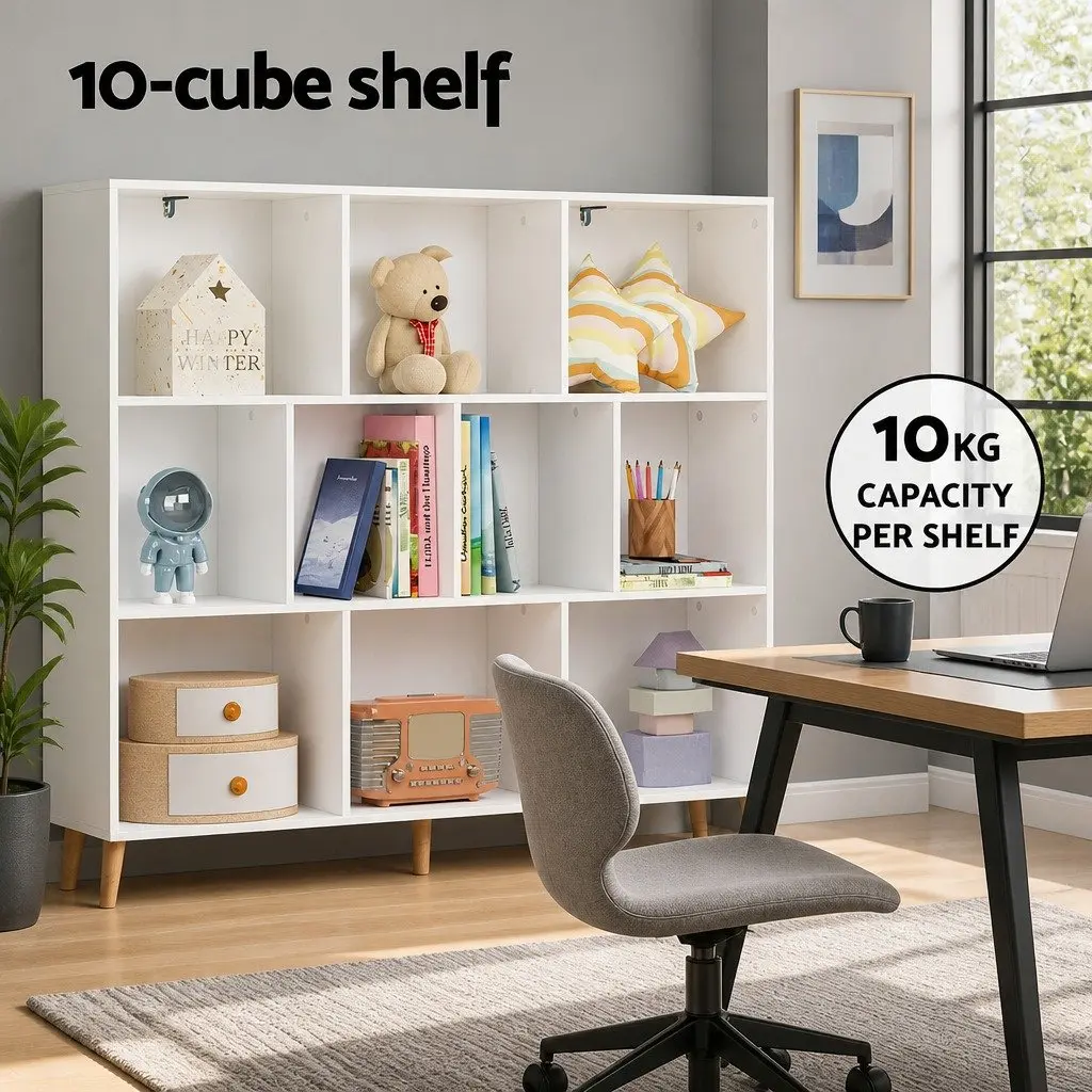 Bookshelf 3 Tiers 10 Cubes Storage Display Shelving Unit White Pine Wood Legs