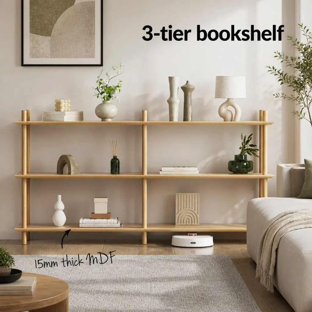 3-Tier Bookshelf MDF Pine Wood 160cm H Space-Saving Display Stand