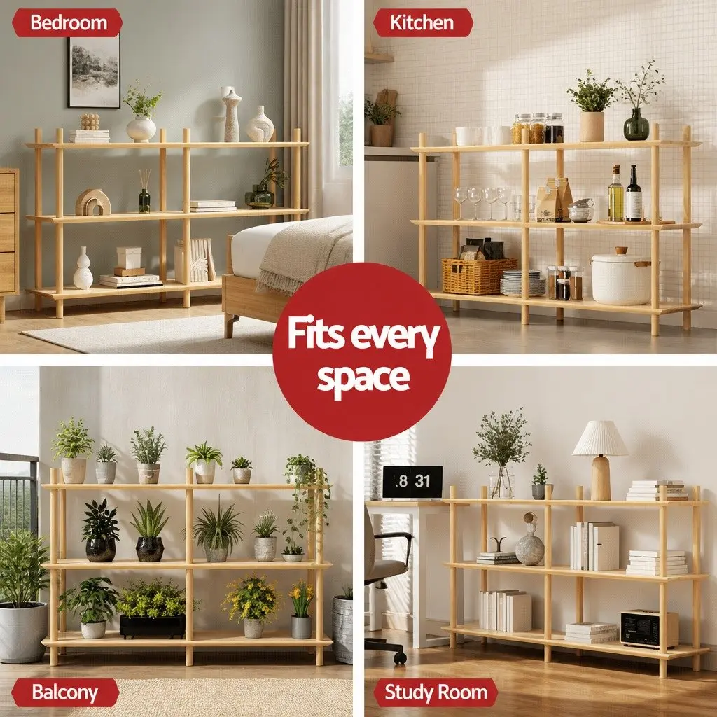 3-Tier Bookshelf MDF Pine Wood 160cm H Space-Saving Display Stand