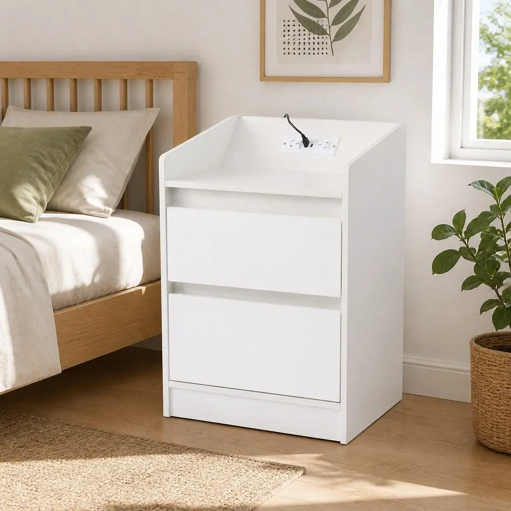 White Nightstand with 2 Drawers & Charging Station