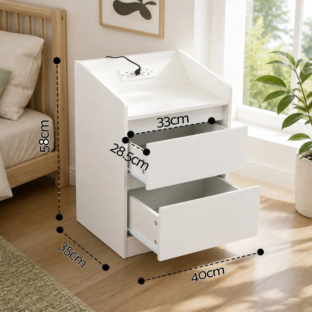 White Nightstand with 2 Drawers & Charging Station