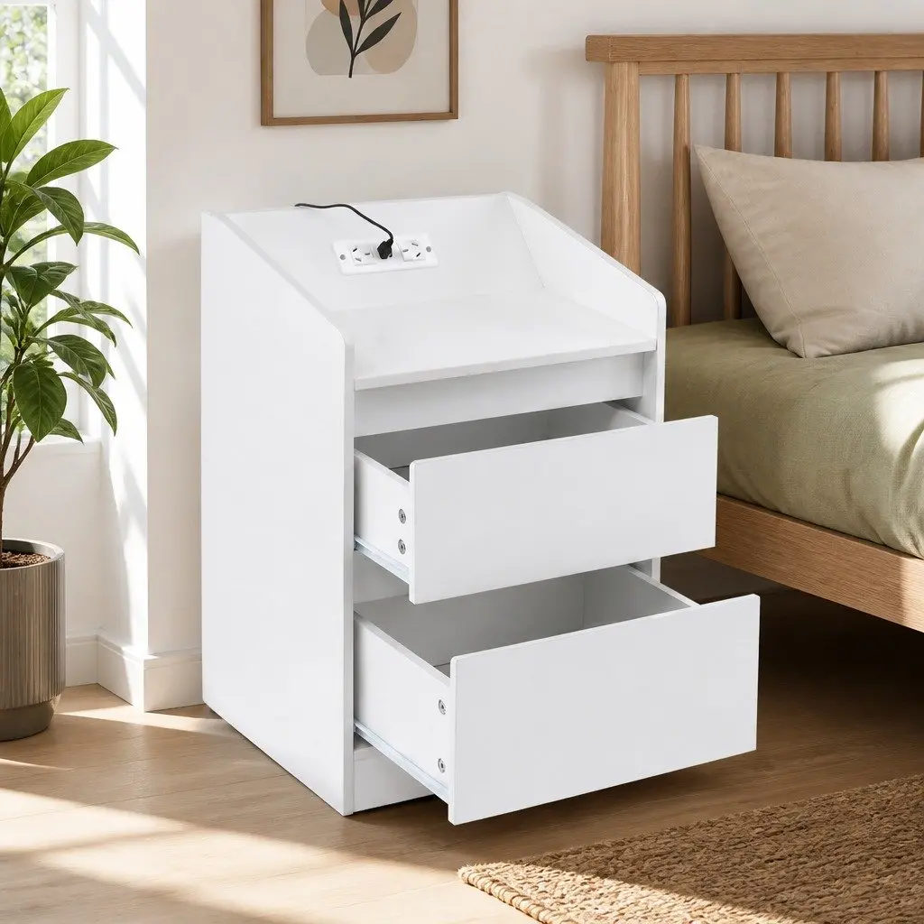 White Nightstand with 2 Drawers & Charging Station