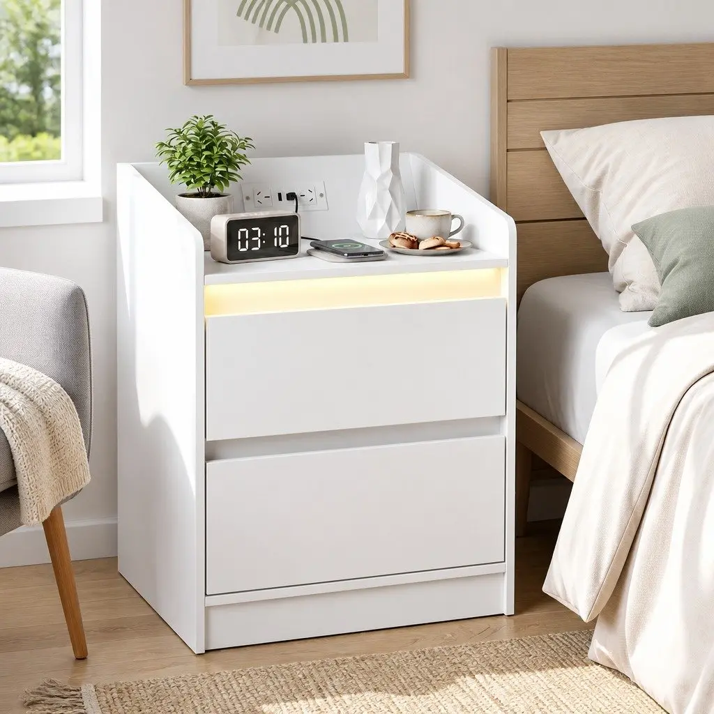 White Nightstand with 2 Drawers & Charging Station