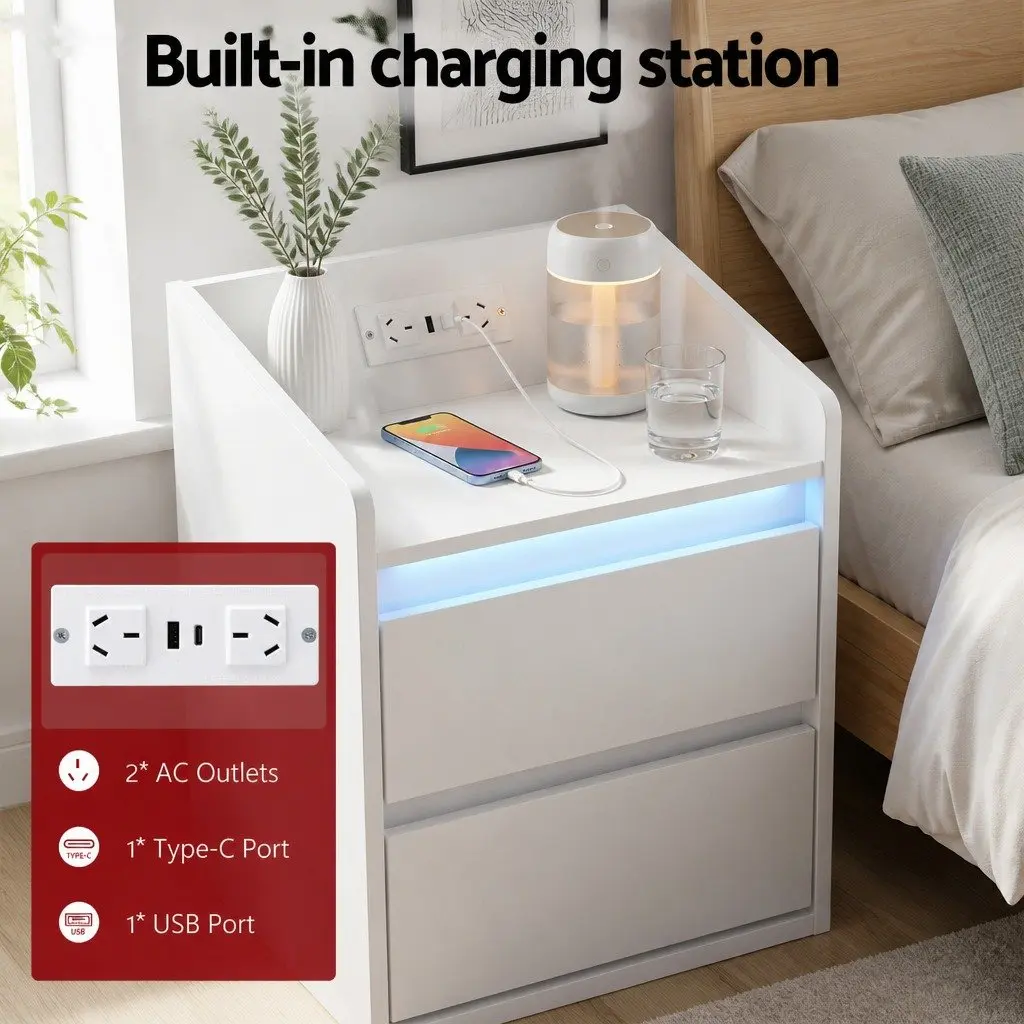 White Nightstand with 2 Drawers & Charging Station