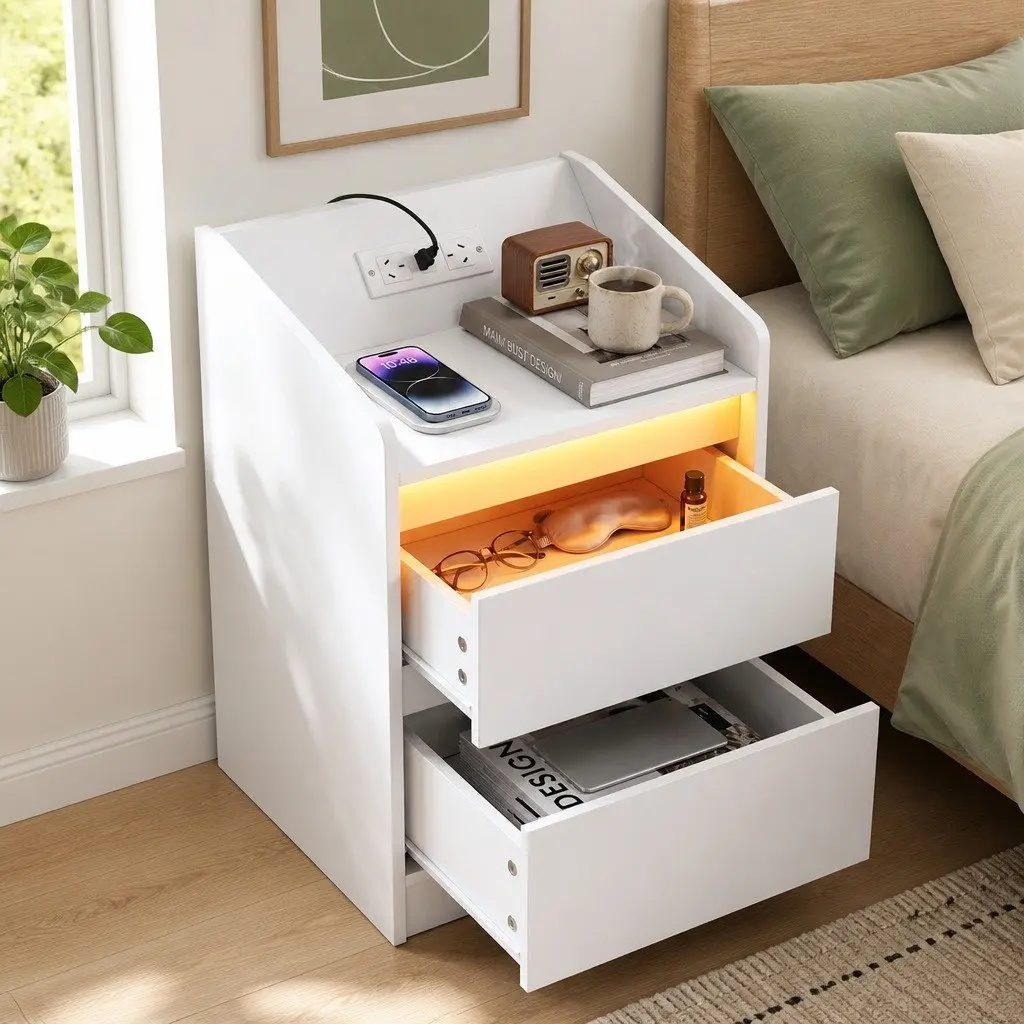 White Nightstand with 2 Drawers & Charging Station