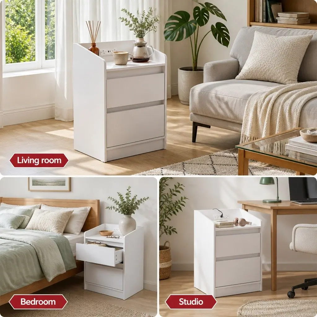 White Nightstand with 2 Drawers & Charging Station