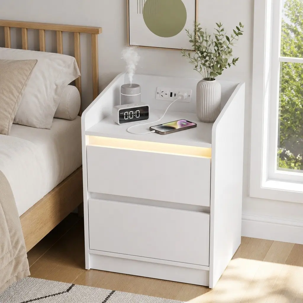 White Nightstand with 2 Drawers & Charging Station