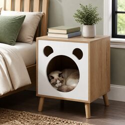 Modern 2-in-1 Bedside Table with Cat Nest and Solid Wood Legs