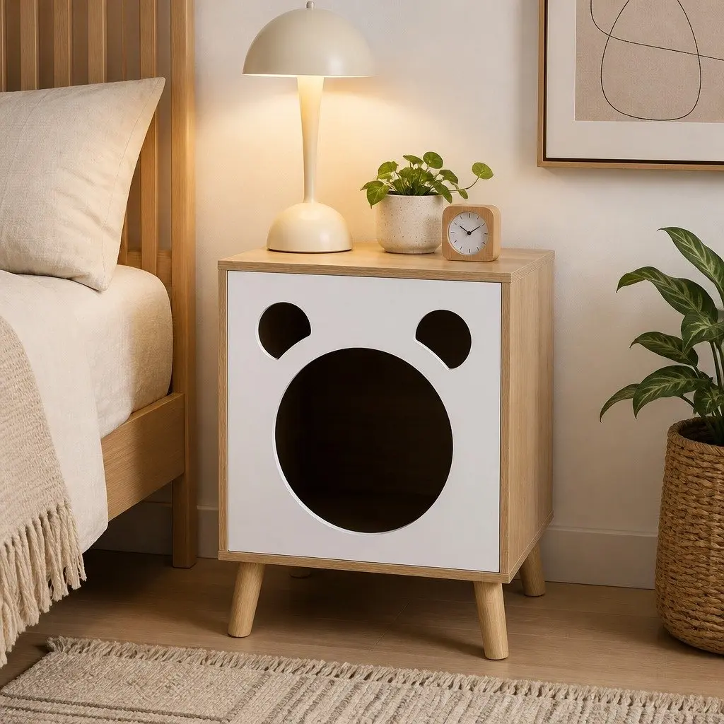 Bedside Table Cat Nest 2-in-1 Solid Wood Legs Modern Design Space-Saving