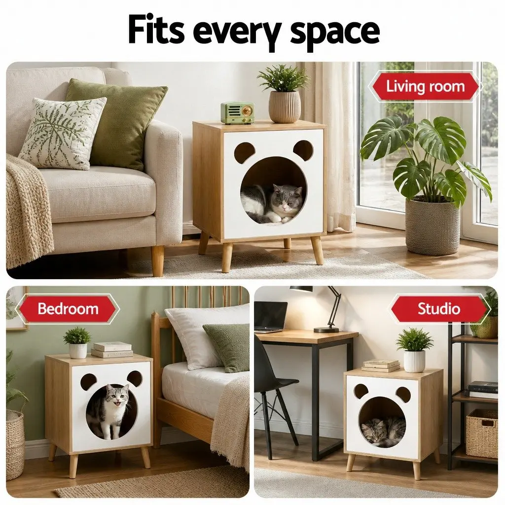 Bedside Table Cat Nest 2-in-1 Solid Wood Legs Modern Design Space-Saving