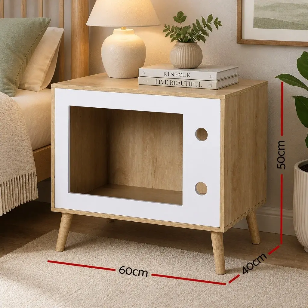 Bedside Table with Cat Nest 60cm Pine Wood MDF Modern Bedroom Furniture