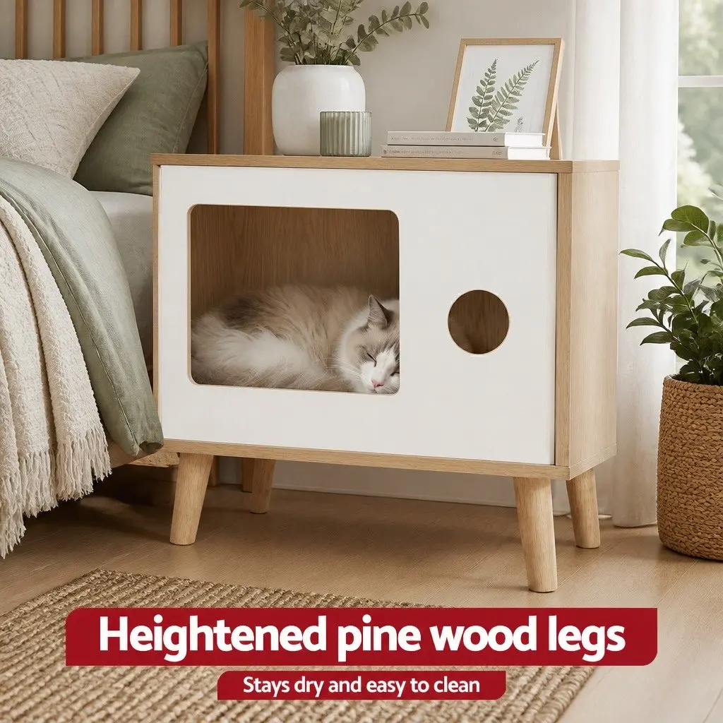 Bedside Table with Cat Nest 60cm Pine Wood MDF Modern Bedroom Furniture