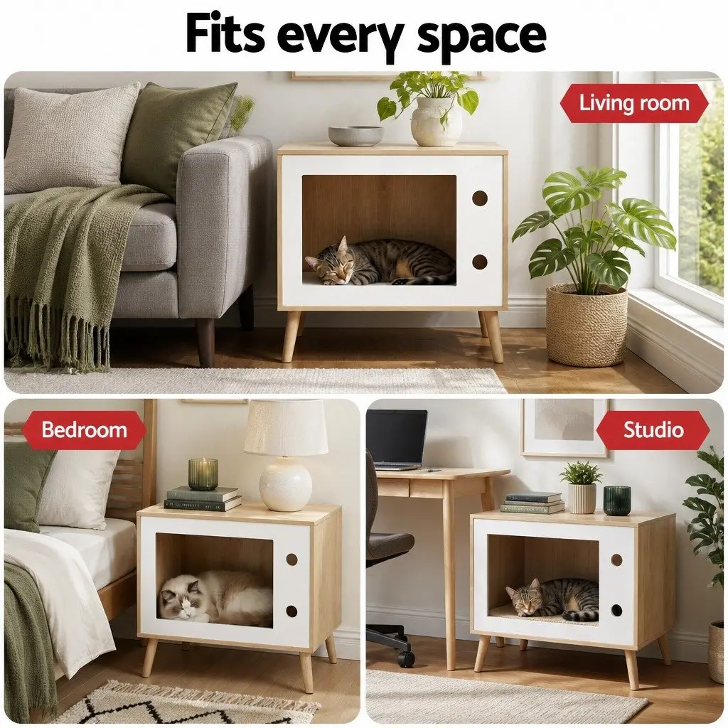 Bedside Table with Cat Nest 60cm Pine Wood MDF Modern Bedroom Furniture