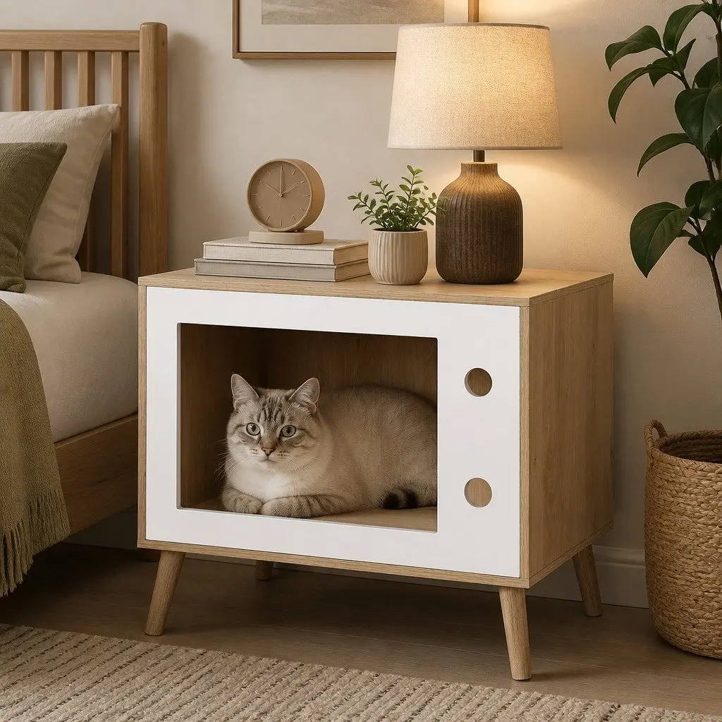 Bedside Table with Cat Nest 60cm Pine Wood MDF Modern Bedroom Furniture