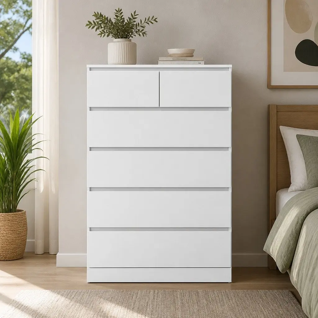 Chest of Drawers Particleboard 6 Drawer White Contemporary Bedroom Storage