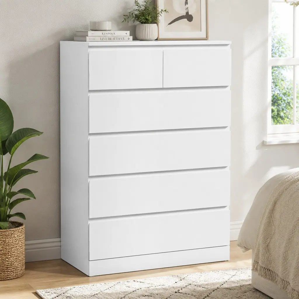 Chest of Drawers Particleboard 6 Drawer White Contemporary Bedroom Storage