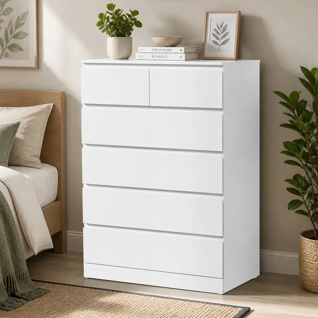 Chest of Drawers Particleboard 6 Drawer White Contemporary Bedroom Storage