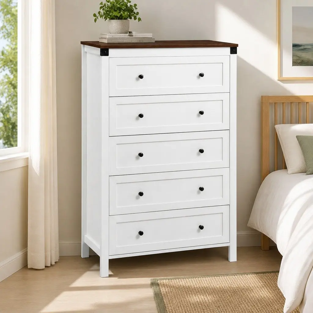 White Walnut Tallboy with 5 Drawers for Storage