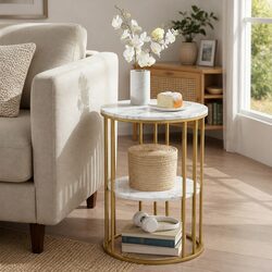 Elegant 2-Tier Round Coffee Table with Marble Top
