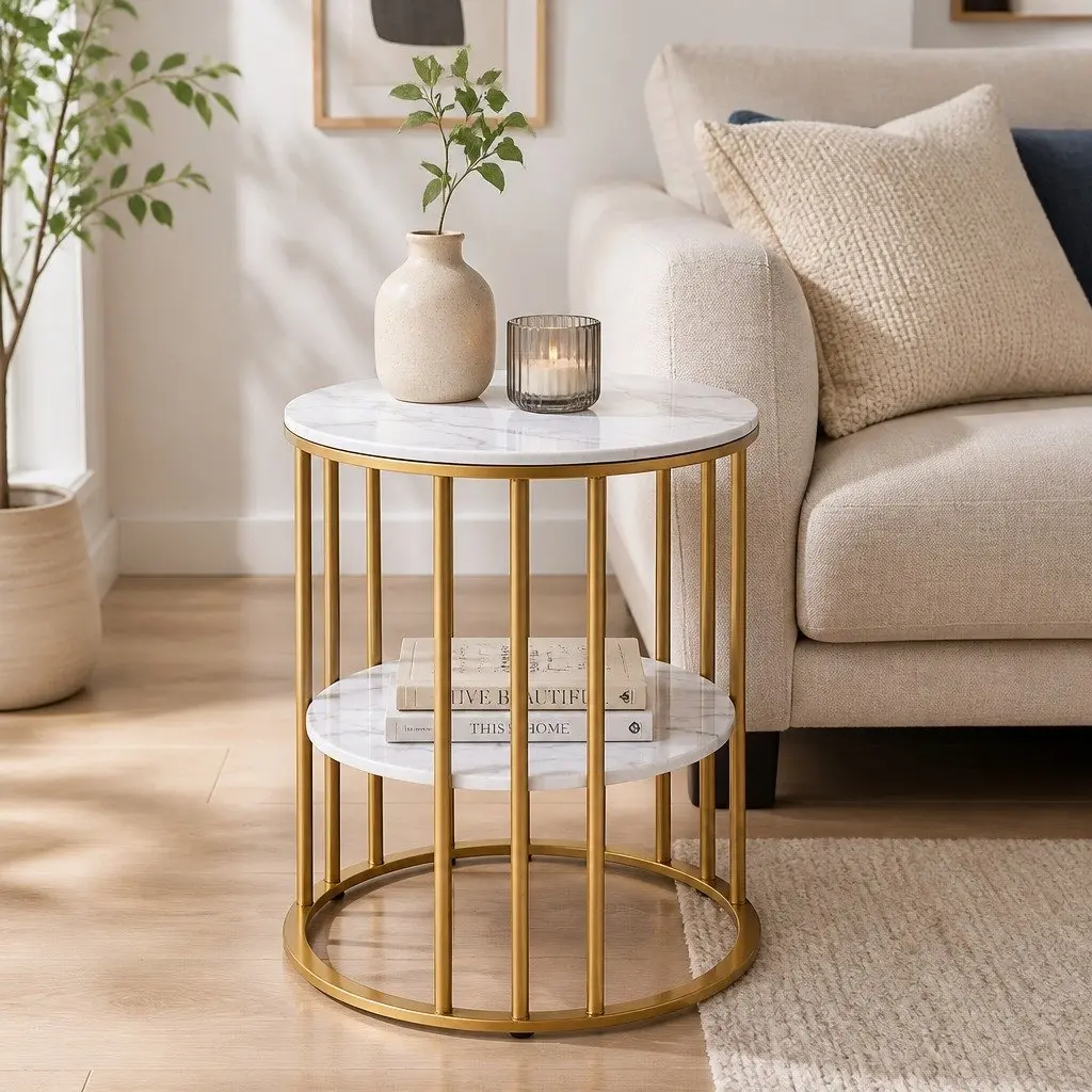 Round Coffee Table Metal 2-Tier Marble Effect White Gold 40cm W x 40cm D x 54cm H Living Room Storage Furniture
