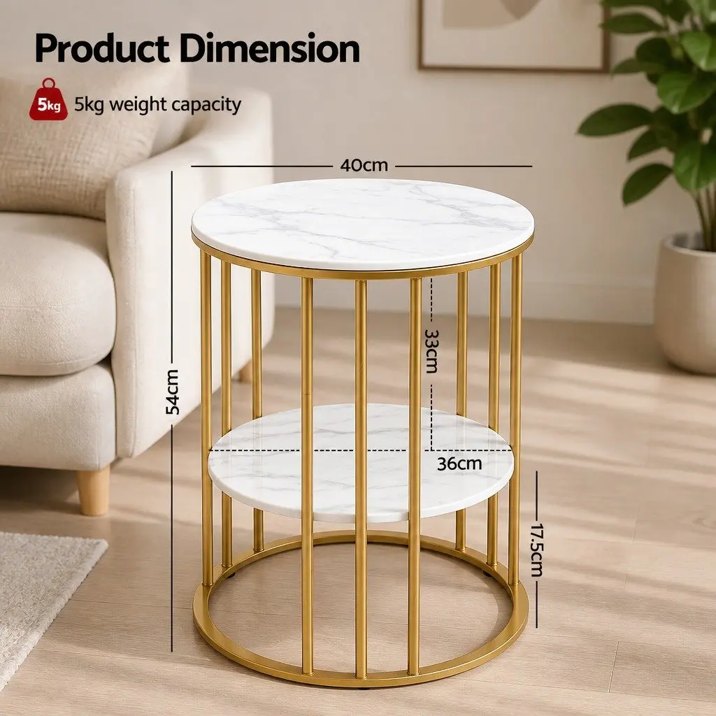 Round Coffee Table Metal 2-Tier Marble Effect White Gold 40cm W x 40cm D x 54cm H Living Room Storage Furniture