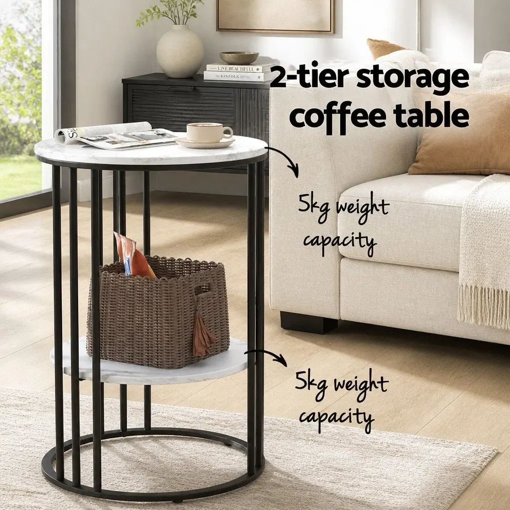 Coffee Table MDF Metal 2-Tier Round Marble Effect Beige 40cm x 40cm x 54cm