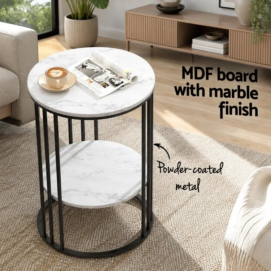 Coffee Table MDF Metal 2-Tier Round Marble Effect Beige 40cm x 40cm x 54cm